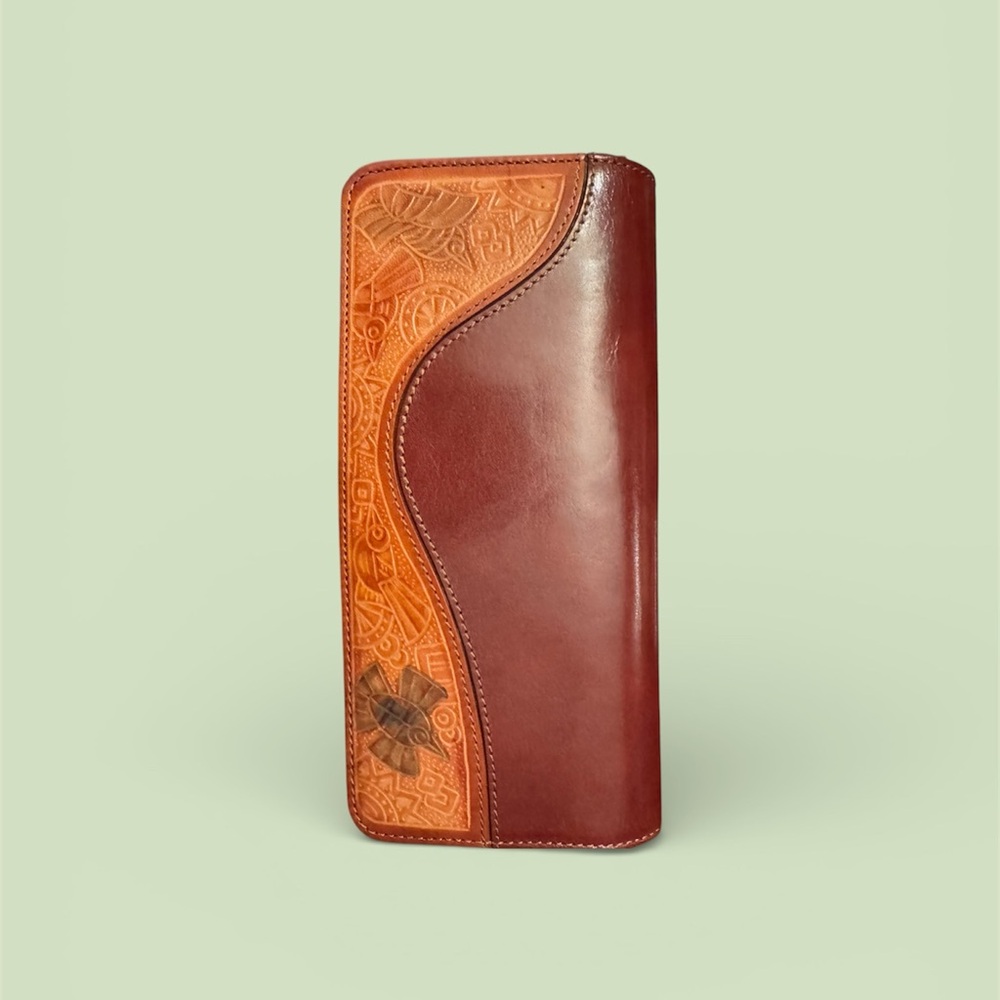 Leather Long Wallet with Floral Embossing - Brown/Tan